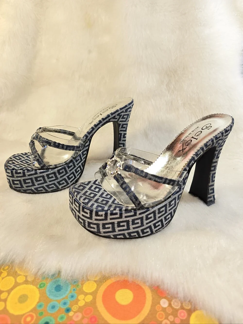 Selex Womens Navy & Siver Platform Mule Slide Sandals